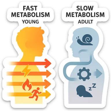 educational schematic illustration comparing fast metabolism (young) and slow metabolism (adult), with arrows, icons, and symbols, illustrative style, 4K sticker