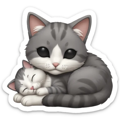 dark grey and white small cat with closed eyes, leaning his head on his paw while leaning on his elbow lying down sticker