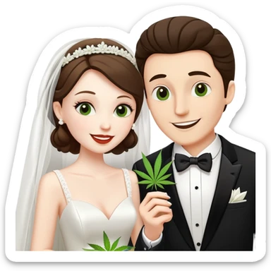 Bride in white dress and groom in tuxedo sharing a cannabis joint, cheerful cartoon wedding couple sticker
