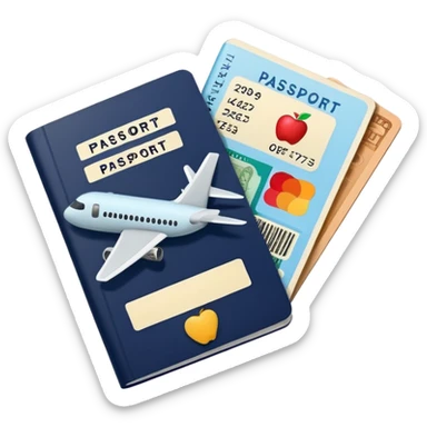 passport with airplane tickets sticking out, Apple emoji style, colors #173e12 and #c1a793, no text, simple shapes sticker