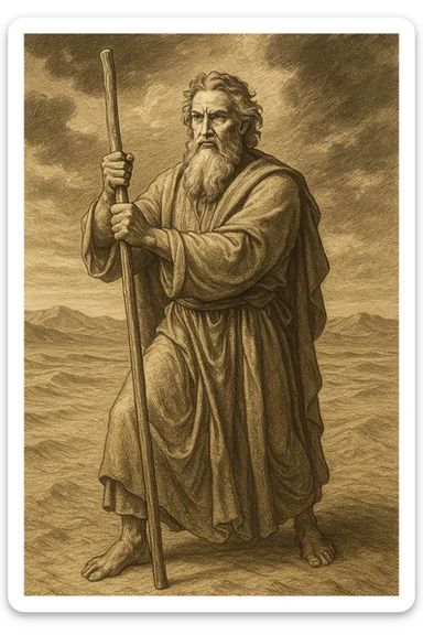 Moses standing firmly, gripping his rod, determined expression, sand and sky, historical illustration sticker