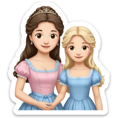 happy long hair brunette girl in light pink dress and blonde girl in light blue dress pride and prejudice sticker