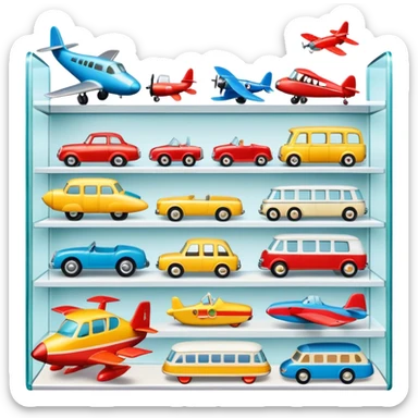 Icon for Toy Collecting: a collection of various vintage toys such as dolls, plush animals, tumblers, cars, planes, ships, action figures, displayed neatly on shelves or in display cases. The icon should evoke the joy and nostalgia of collecting toys. Transparent background. sticker