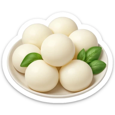 cluster of small smooth mozzarella balls, soft white color, slightly glossy surface, round uniform tender, fresh milky texture, no bowl garnish or liquid, soft lighting, subtle shadows, emoji scale sticker