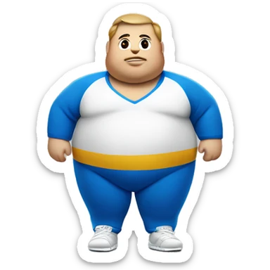 fat man in blue sweatsuit with white stripe down center using apple vision pro sticker