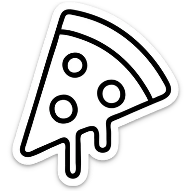 A triangular slice of pizza with melting cheese and pepperoni toppings, minimalist outline sticker