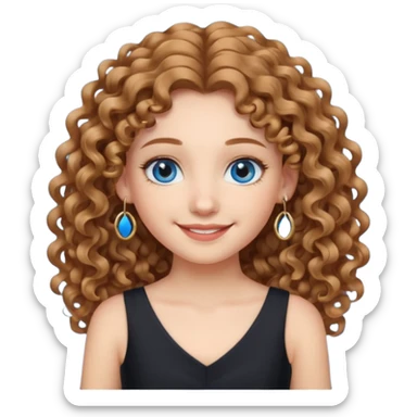 Girl with long light brown curly hair, blue eyes, black dress, hoops earrings. sticker