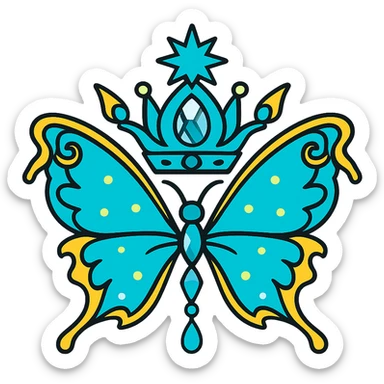 Change only the main color of the butterfly and crown to a glowing cyan, keeping all gold details, shapes, and style exactly as in the original. The result should look like the original but with a cyan main color. Output must be PNG with transparent background, for Discord role icon use. sticker