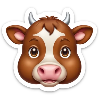 Cinematic Cute Brown Cow Portrait Emoji, Head tilted playfully and inquisitively, featuring a glossy, rich brown hide with a natural sheen, round, sparkling brown eyes filled with gentle curiosity, Simplified yet irresistibly adorable features, highly detailed, glowing with a warm, friendly glow, high shine, affectionate and serene, stylized with a touch of country charm, bright and endearing, soft glowing outline, capturing the essence of a mischievous yet loving cow, so playful it feels like it could moo out of the screen and into your arms! sticker