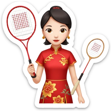 ancient cheongsam girl with 1 badminton racket, red sticker