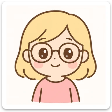 blonde girl, shoulder-length hair, wearing glasses, rosy cheeks, pink clothes, kawaii style, cute appearance sticker