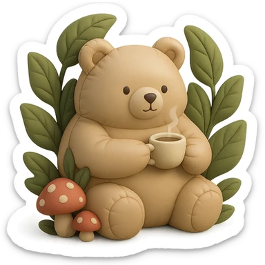 little bear sipping tea in the forest, surrounded by leaves and mushrooms, cushion style sticker