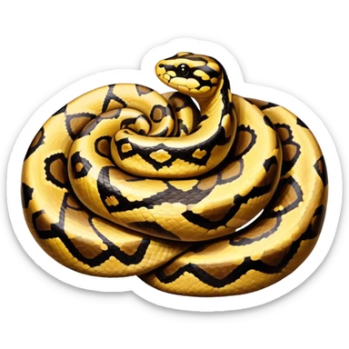 A photo-realistic top-down view of a Ball Python gently coiled into a tight spiral, with its head resting peacefully at the center. The pattern flows smoothly around the curves of its body, emphasizing its natural camouflage and calm demeanor. sticker