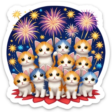lots of super tiny kittens randomly placed on no background with fireworks behind sticker
