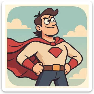 dynamic app icon showing a person with a cape, standing heroically, modern flat style sticker