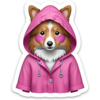 Miniature sheltie dog in a pink raincoat with hood sticker
