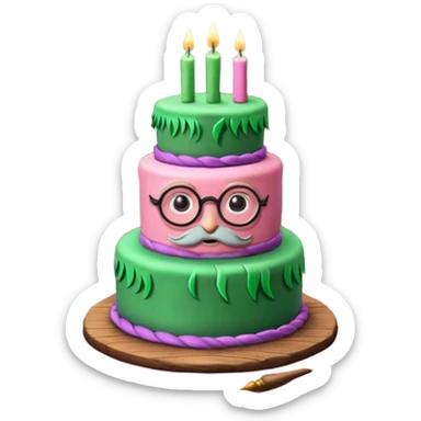 Harry Potter themed pink birthday cake with green 'Happy Birthday Harry' icing, surrounded by wizard books, candles, potion bottles, feathers, and glasses on wooden table, magical atmosphere." sticker