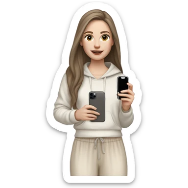 pale skin woman with long brown Hair, white hoodie, beige palazzo Arrow pants and gray blouse holding white IPhone 14 pro in the hands sticker