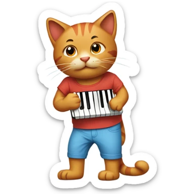 tan-red cat wearing a light-blue t-shirt taps musical keyboard sticker