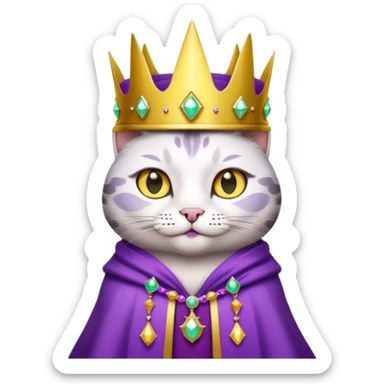 A wizard king cat that is mostly white with black spots and yellow eyes sticker