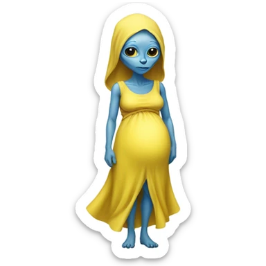 Pregnant blue alien woman, full body, on jellow dress sticker