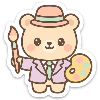 a chief of creative character, professional yet imaginative, with artistic elements like a paintbrush and palette, kawaii style sticker
