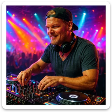 Avicii age 36 DJ at turntables in vibrant club scene with dynamic lighting sticker