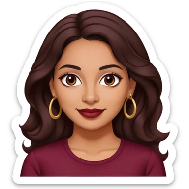 Puerto Rican actress Lynette Torres, woman with warm brown skin, attractive elegant features, expressive dark eyes, well-defined eyebrows, straight nose, friendly smile, long dark wavy hair, wearing a fashionable burgundy top sticker