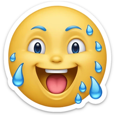 Emoji, yellow round laughing hysterically face, with blue tears of joy on it.  sticker