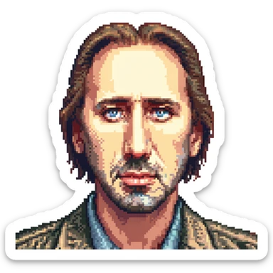 Nicholas Cage, detailed facial features, iconic expression, pixelated look, vibrant colors sticker