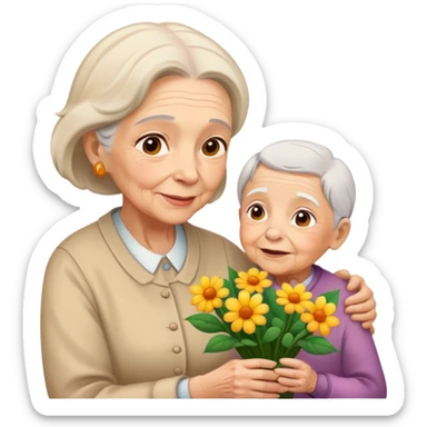 child giving flowers to an elderly woman, warm and expressive sticker