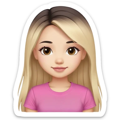 Slavic girl, light skin, long eye lashes, pink beige lips, brown eyes, long black-to-blonde ombre straight hair, pinkT-shirt, chibi, smiling. sticker