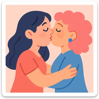 two women kissing, soft pastel cartoon style sticker