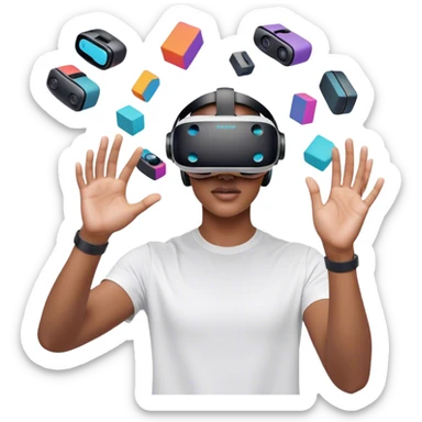 Create an emoji for the creation of VR/AR technology. Show a designer's hands holding a VR headset or AR glasses, with floating 3D models or virtual objects being manipulated in the air. Use modern, tech-inspired colors. Do not include any emojis or smiley faces. Make the background transparent. sticker