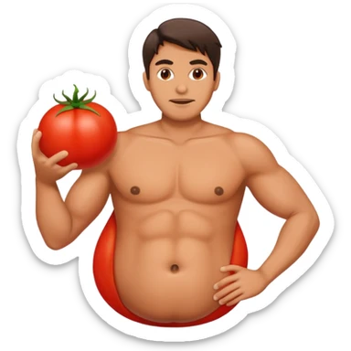 man with a large red tomato instead of a belly sticker