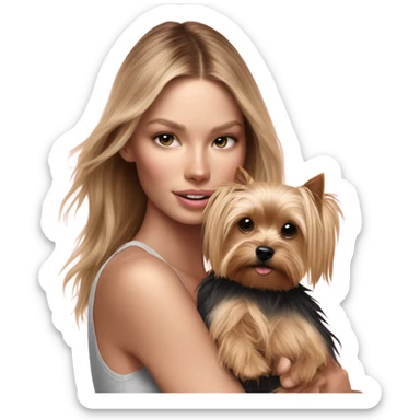 Photo Real pale Victoria secret model cuddling a Yorkshire terrier  sticker