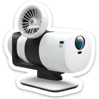 A sleek, modern white projector with a cylindrical body, black front lens, and a U-shaped stand for angle adjustment. Minimalist and futuristic design. sticker