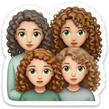 Make three pretty girls one with curly hair and green-grey eyes and one with wavy hair with hazel eyes and one with straight hair with brown ayes  sticker