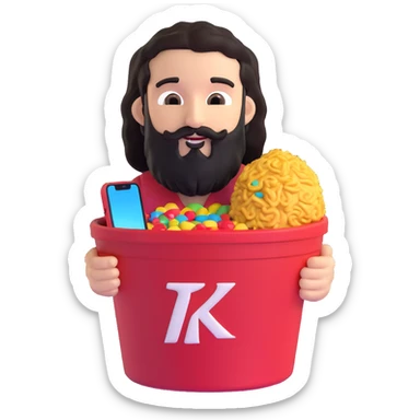 KFC bucket with a green M&M character sitting inside it, the M&M has a black beard, curly hair, and is holding an iPhone sticker