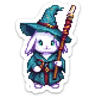 adolescent wizard bunny holding a staff, pixel art style sticker