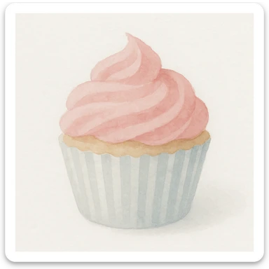 cupcake with pink icing in a striped wrapper, subtle color blending, artistic texture, watercolor art style sticker