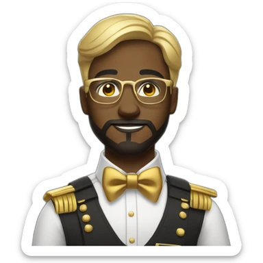 black soldier with beard, part in hair, white collared shirt, bow tie, gold glasses, bulletproof vest  sticker