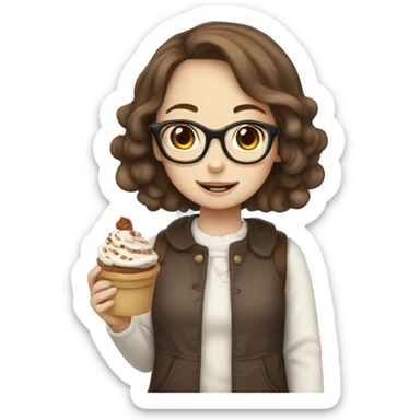 Girl with glasses brown hair brown features , eating cinnamoroll sticker