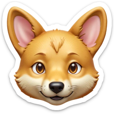 Cinematic Cute Dingo Portrait Emoji, Head tilted playfully and inquisitively, featuring a glossy sandy fur with naturally perky ears and round, sparkling amber eyes filled with curious mischief, Simplified yet irresistibly adorable features, highly detailed, glowing with a warm, friendly glow, high shine, affectionate and spirited, stylized with a touch of outback whimsy, bright and endearing, soft glowing outline, capturing the essence of a mischievous yet loving dingo, so playful it feels like it could bound out of the screen into your arms! sticker