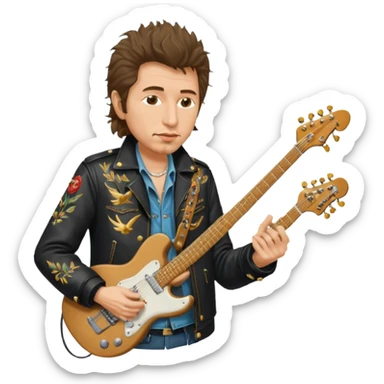 realistic cinematic bob dylan, unshaven and long haired, in a motor jacket embroidered with bronze cranes, plays an electric guitar sticker