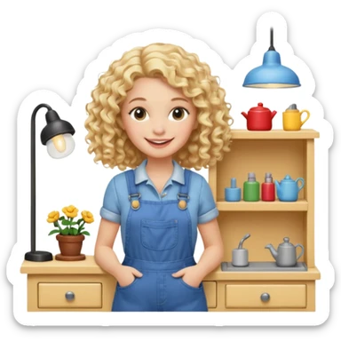 smiling blonde curly woman arranging furniture in doll house with overalls sticker