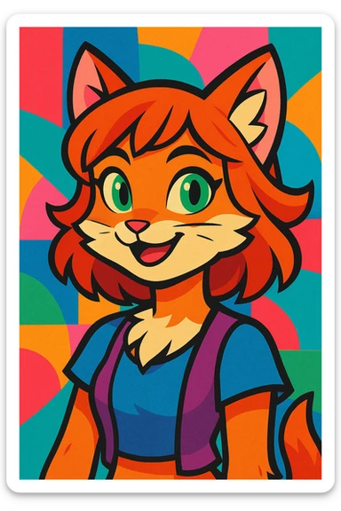 fantasy girl-cat hybrid, with expressive cat eyes, soft fur accents, and a friendly smile, vibrant colorful illustration style sticker