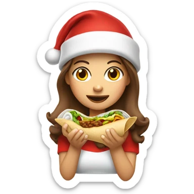 Brown haired Girl in Santa hat eating a burrito sticker