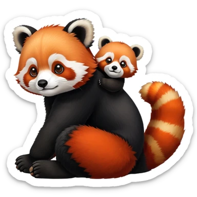 Small red panda perched on a large panda bear sticker