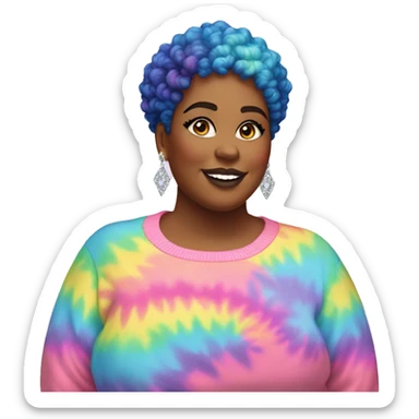 Plus size black woman with pink curly pixie cut hair and a rainbow tie dye sweater , and diamond earrings  sticker